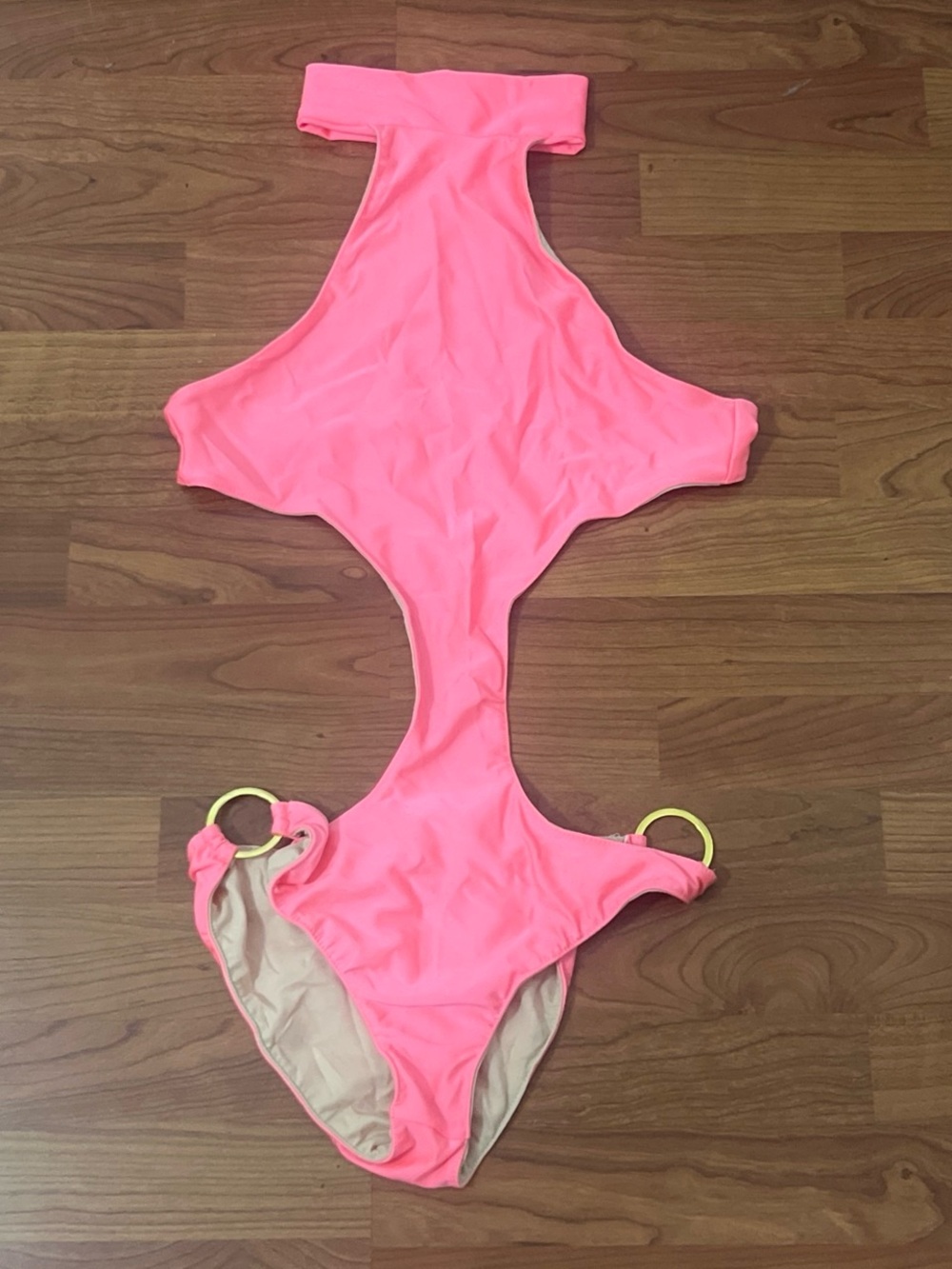 Neon Pink Cut-Out One-Piece Swimsuit with Gold Rings
